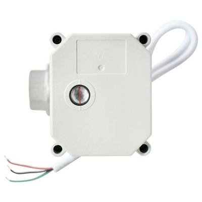 A white electrical component with a round gauge in the center and four screws on the corners. It has a white cable and three exposed wires.