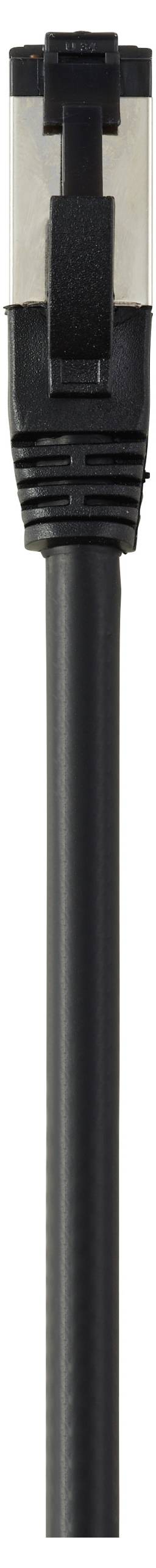 Close-up of a black Ethernet cable with an RJ45 connector, used for networking and internet connectivity.