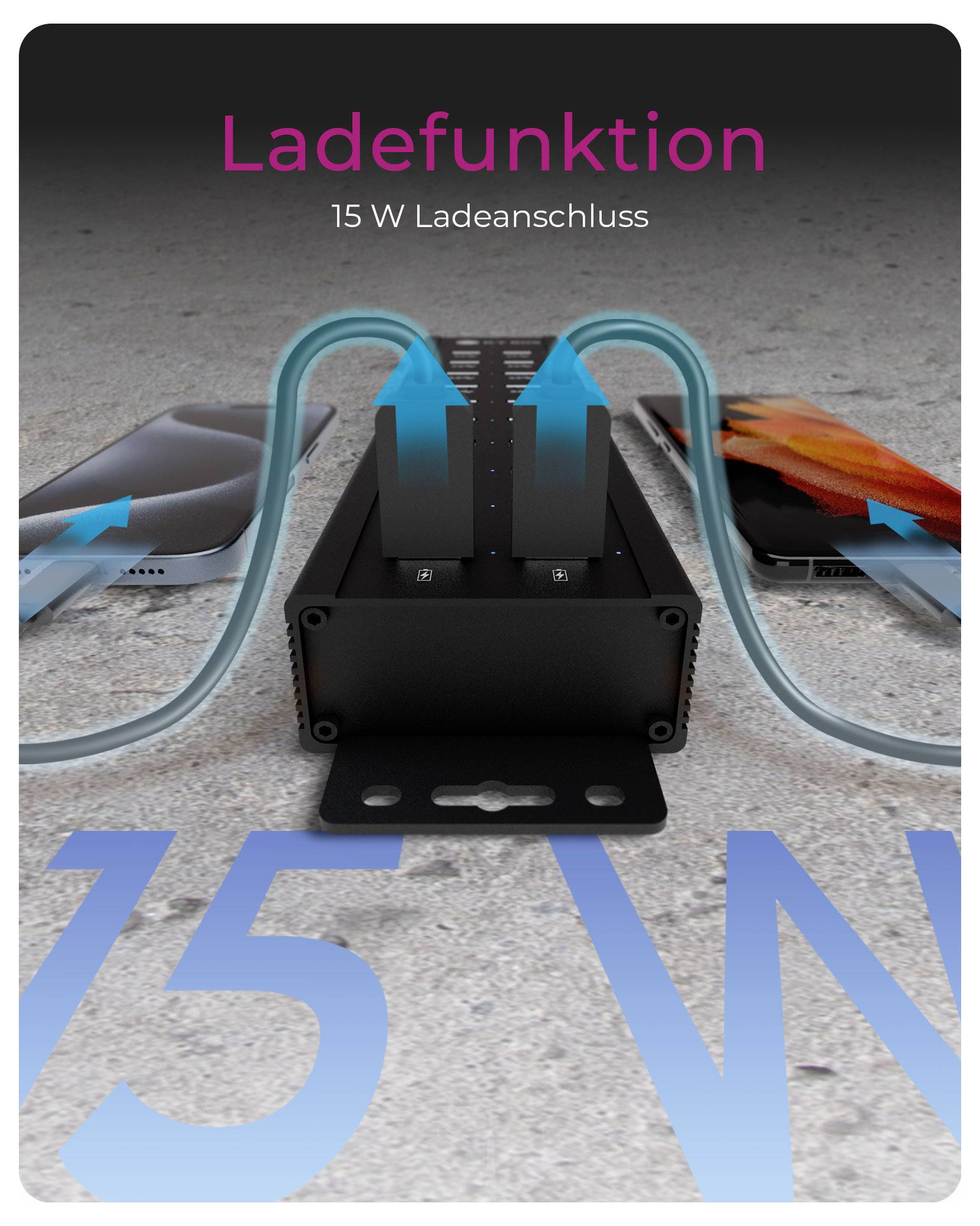 'A central device with glowing blue arrows connects two smartphones, illustrating a 15W power transfer. Text: "Ladefunktion 15 W Ladeanschluss".'