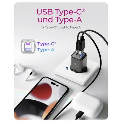 'USB Type-C and Type-A charger' with a smartphone and earphones plugged in, highlighting dual charging capabilities.