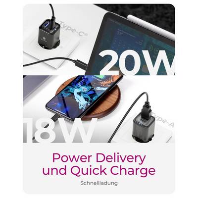 Charger with dual ports, one connected to tablet, providing 20W, and another to phone, providing 18W. Text reads 'Power Delivery und Quick Charge Schnellladung'.