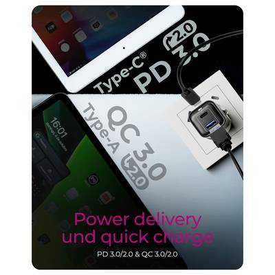 'Power delivery and quick charge' devices illustrating Type-C PD 3.0/2.0 and Type-A QC 3.0/2.0 capabilities with connected tablets and chargers.