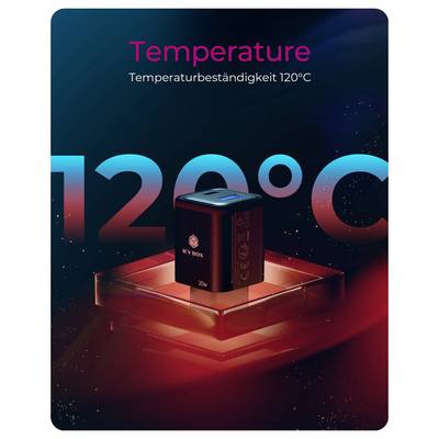 'Temperature' product design showing heat-resistant box on glowing red platform, labeled 'Temperaturebeständigkeit 120°C'.