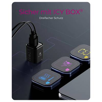 A black charging device with a cable is shown alongside three glowing icons representing temperature, power, and data protection. Text reads 'Sicher mit ICY BOX. Dreifacher Schutz'.