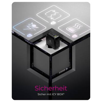 'An ICY BOX product is displayed with icons representing lightning, connectivity, and heat, suggesting features of safety and reliability.'