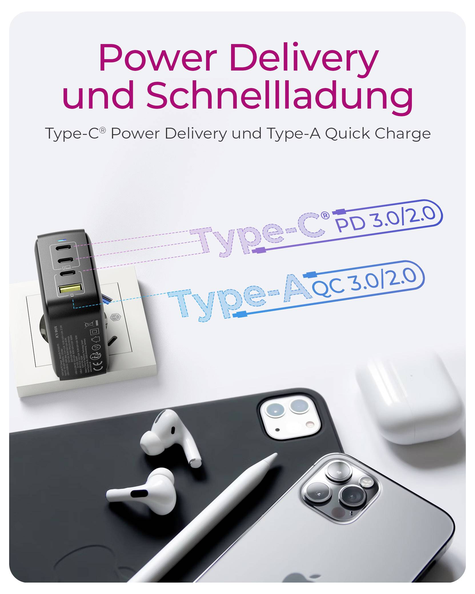 A charger with various ports is shown with text: 'Power Delivery und Schnellladung' emphasizing Type-C and Type-A compatibility.