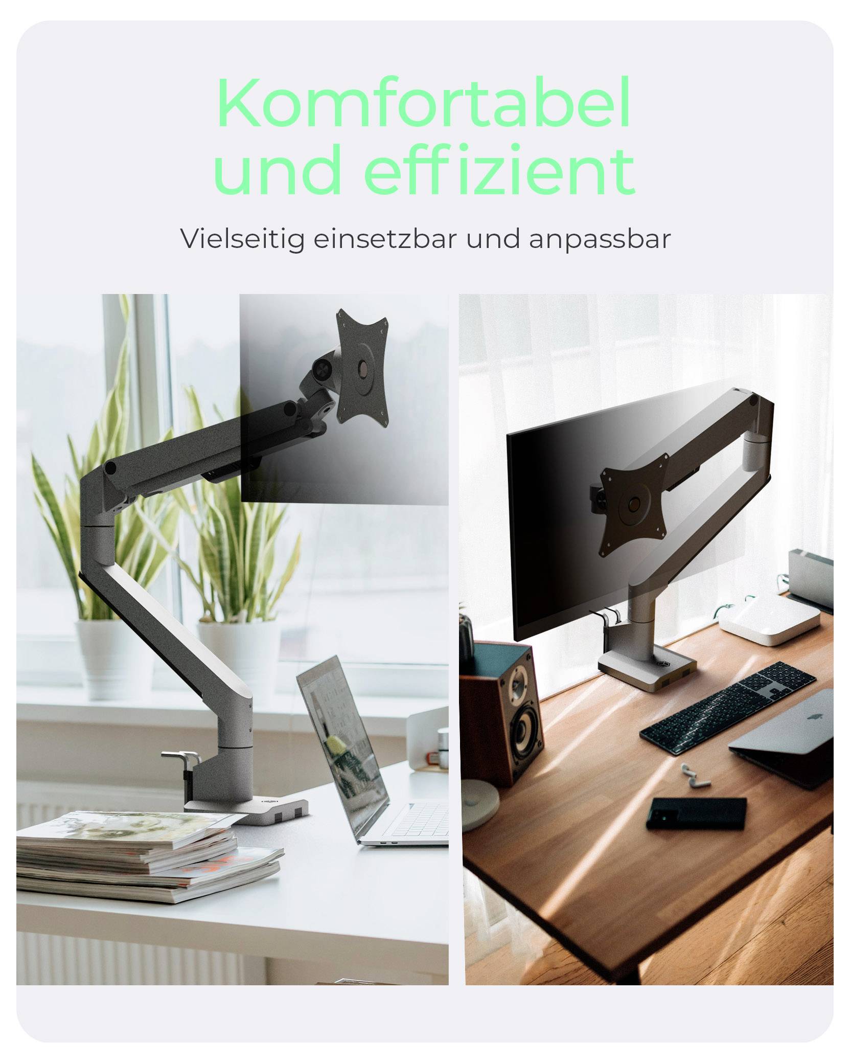 'Komfortabel und effizient' monitor stands on desks with and without screens, showcasing versatility and adjustability in a home office.