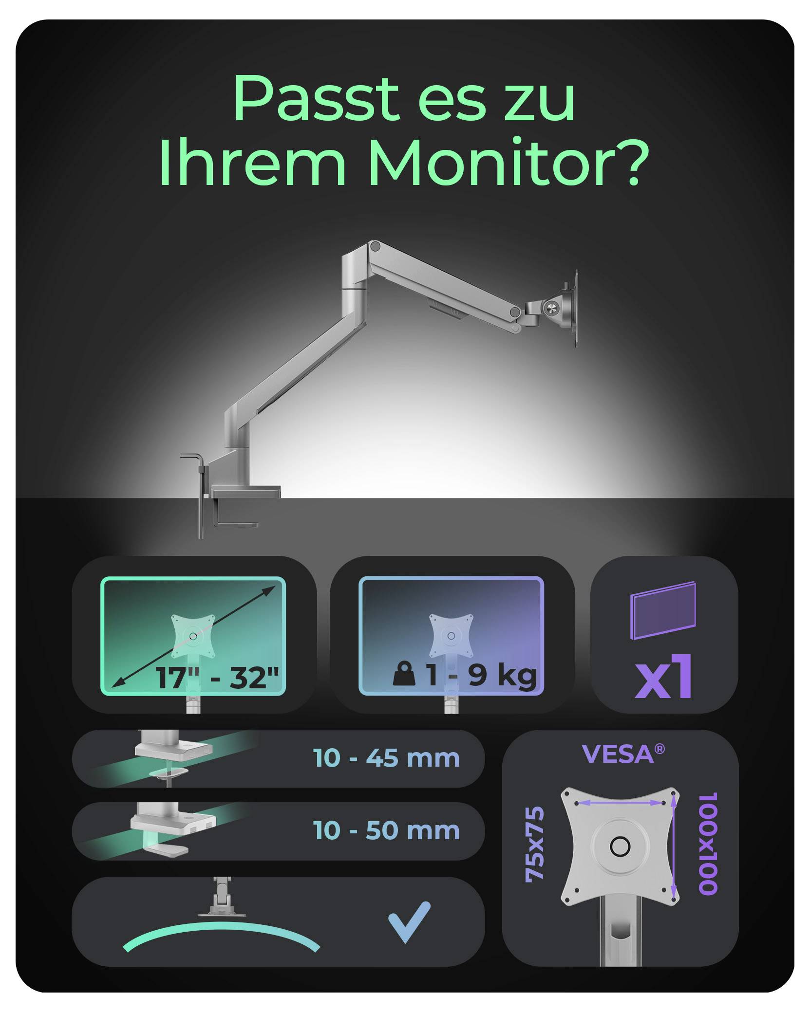 Image showing monitor arm compatibility: Fits 17" to 32" monitors, supports 1-9 kg, 75x75 or 100x100 VESA mounts, 10-45 mm desk thickness. Text: 'Passt es zu Ihrem Monitor?'