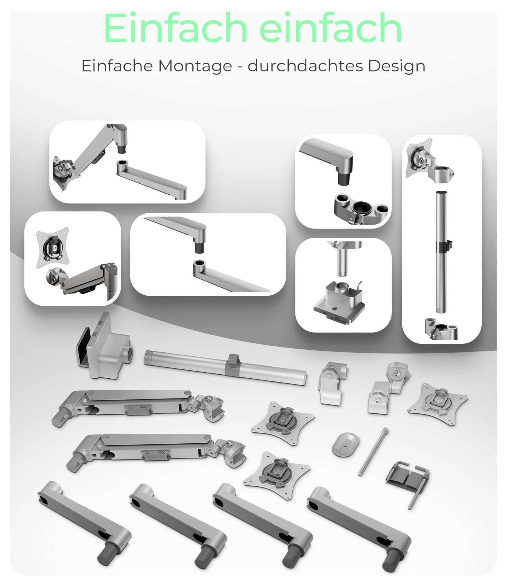 'Einfach einfach' in green text at the top; below, 'Einfache Montage - durchdachtes Design' describes various mechanical components and mounting systems shown in detailed images.