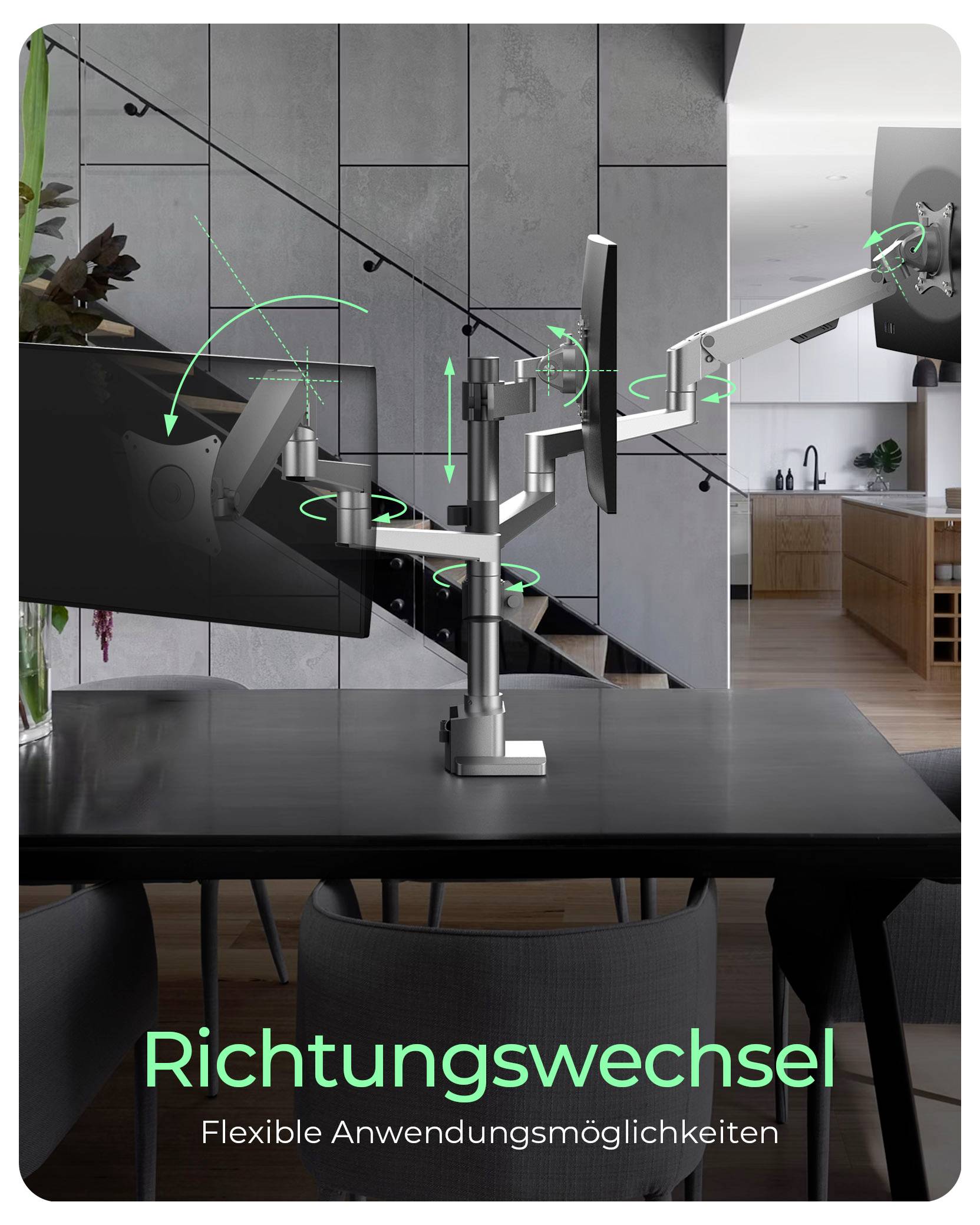 A modern adjustable monitor mount on a desk, demonstrating flexible positioning. Text at the bottom reads 'Richtungswechsel' and 'Flexible Anwendungsmöglichkeiten'.