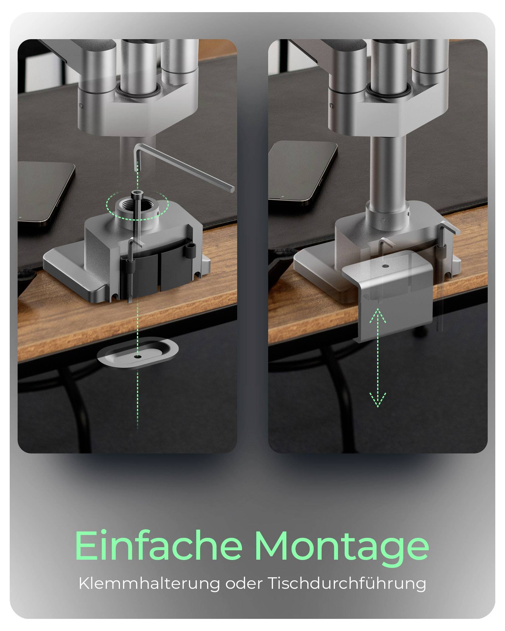 'Einfach Montage: Klemmhalterung oder Tischdurchführung.' Image shows illustrations of two mounting methods for a desk.