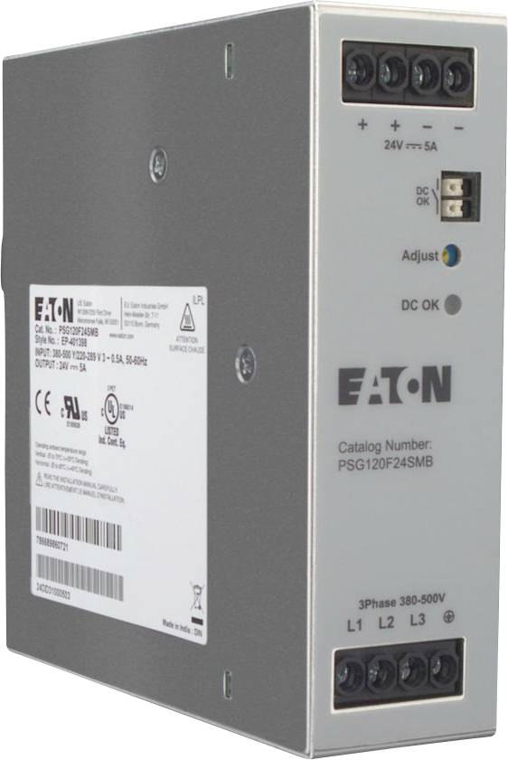 'Eaton' power supply unit, model PSG120F24SMB, with labels and connections visible. Input: 380-500V, output: 24V/5A.