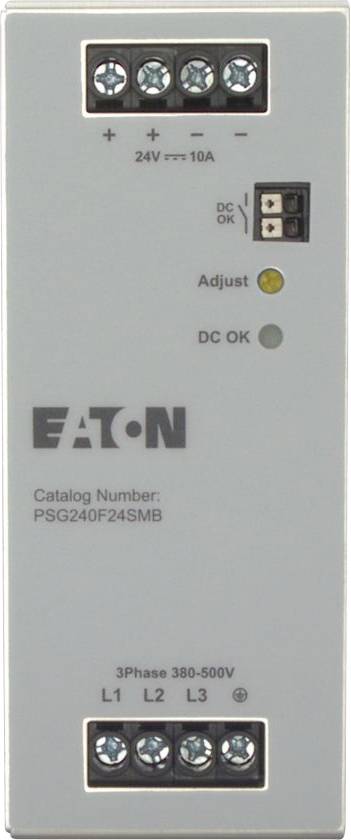 Eaton power supply unit with input terminals for 3-phase 380-500V, output 24V, 10A. Features include 'Adjust' and 'DC OK' indicators.