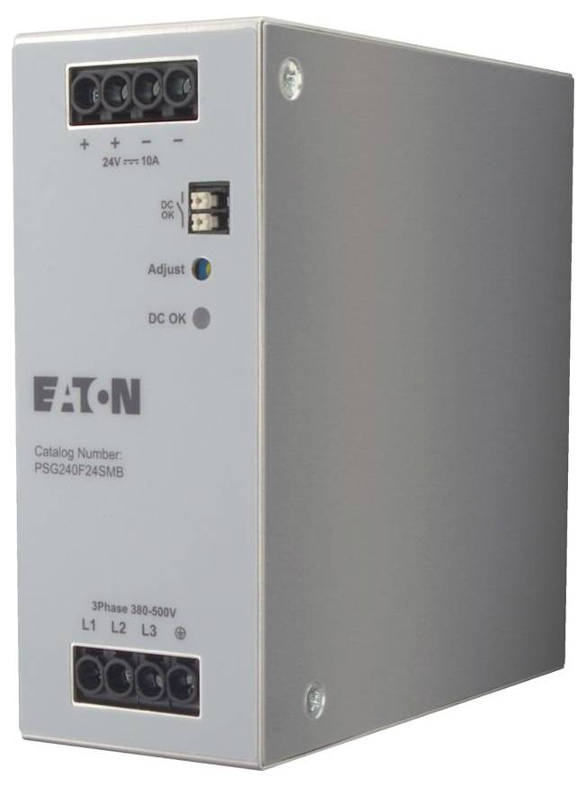 'Eaton' power supply unit labeled 'Catalog Number: PSG240F24SMB', featuring input and output terminals, indicator LEDs, and adjustment controls.