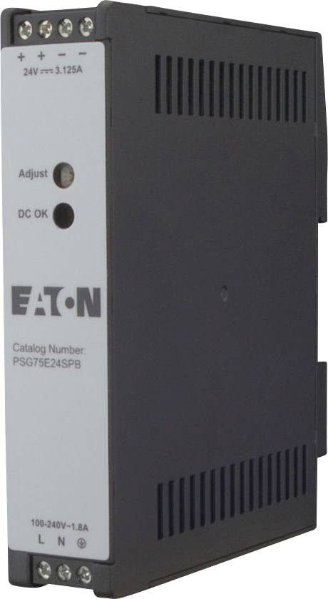 A power supply unit labeled 'EATON', with adjustable settings, model PSG75E24SPB. Input: 100-240V, 1.8A, Output: 24V, 3.125A.