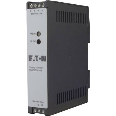 A power supply unit labeled 'EATON', with adjustable settings, model PSG75E24SPB. Input: 100-240V, 1.8A, Output: 24V, 3.125A.