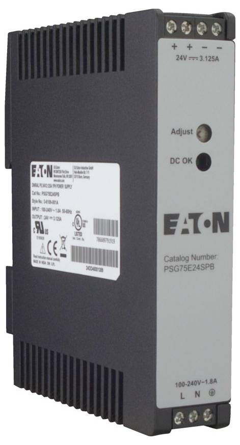 'Eaton PSG7E power supply unit, model PSG7E24SPB, 24V, 3.125A. Black casing with adjustment knob and labeled connections.'