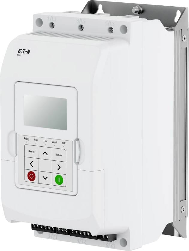 A white electrical device with a digital display and control buttons from Eaton, likely a panel-mounted component used for industrial applications.