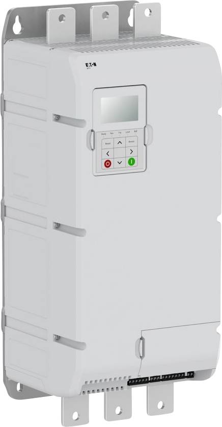 A white industrial equipment device with a digital screen and control buttons, including green and red symbols. Mounted vertically.