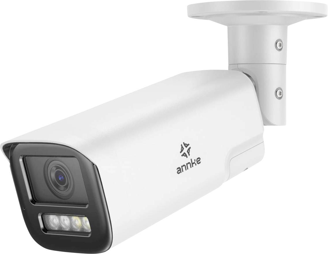 A white security camera mounted on a wall bracket with the brand name 'ANNKE' visible, featuring a lens and LED lights.