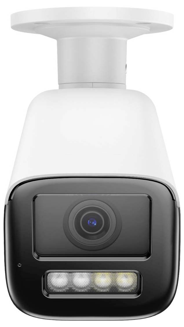 A white security camera with a black front, featuring a lens and LED lights, designed for wall or ceiling mounting.