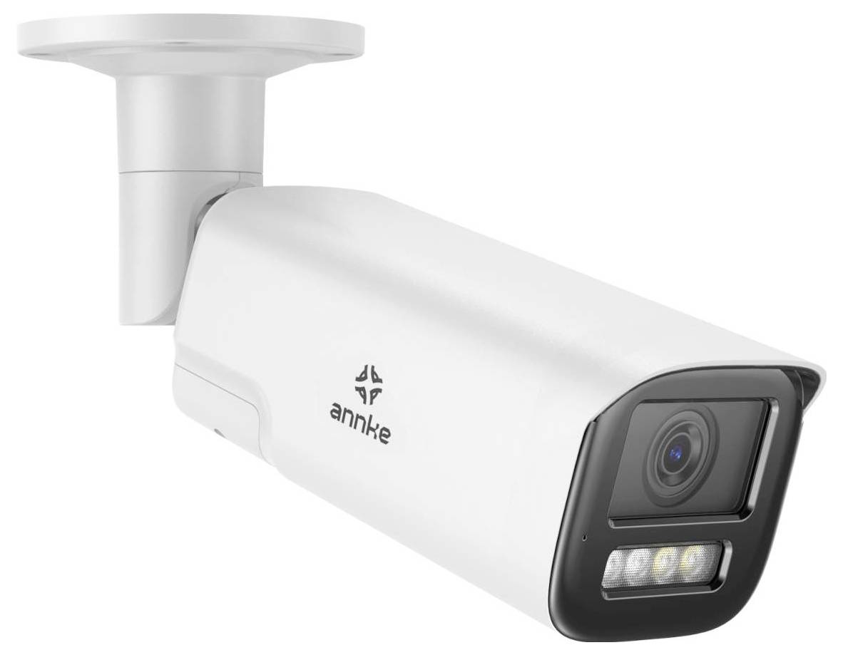 Security camera mounted on a ceiling, branded 'annke', featuring a lens and LED lights.