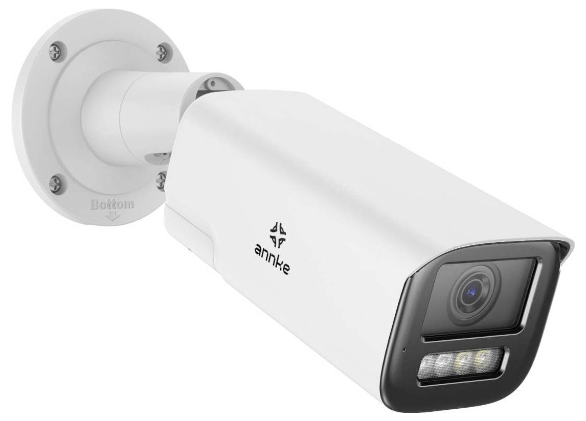 'White security camera mounted on a wall, with a lens and visible LED lights, labeled with 'annke'.'