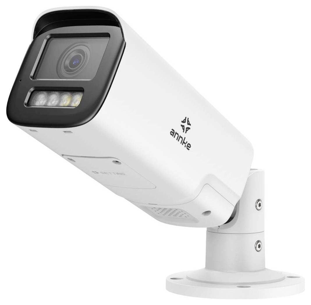 Security camera in white housing, mounted on an adjustable metal bracket, designed for outdoor surveillance.
