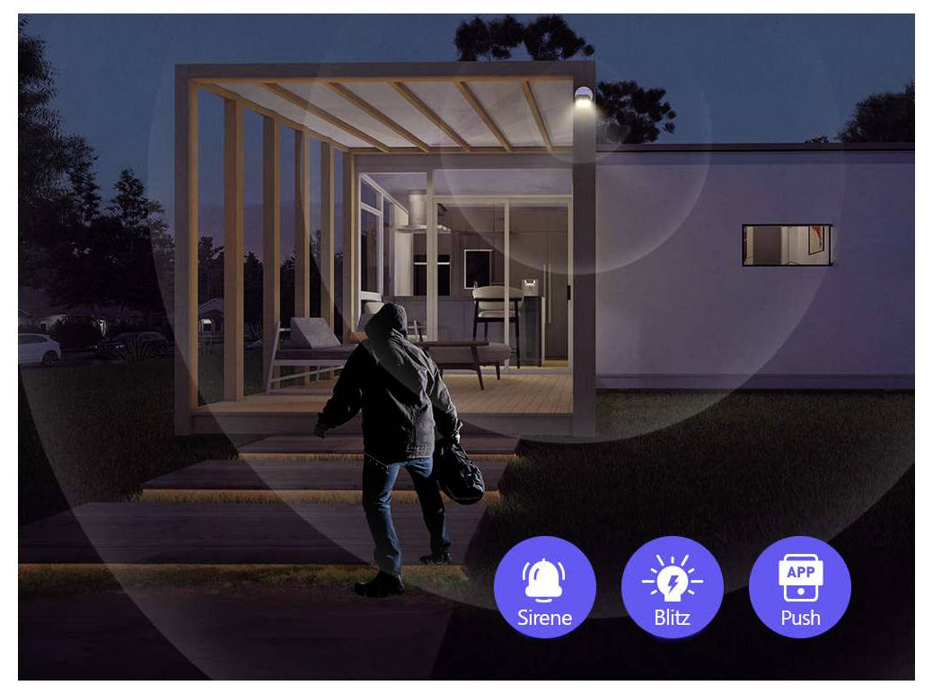 A person carrying a bag approaches a modern house at night. Icons indicate alarm features: siren, flash, and push notifications.