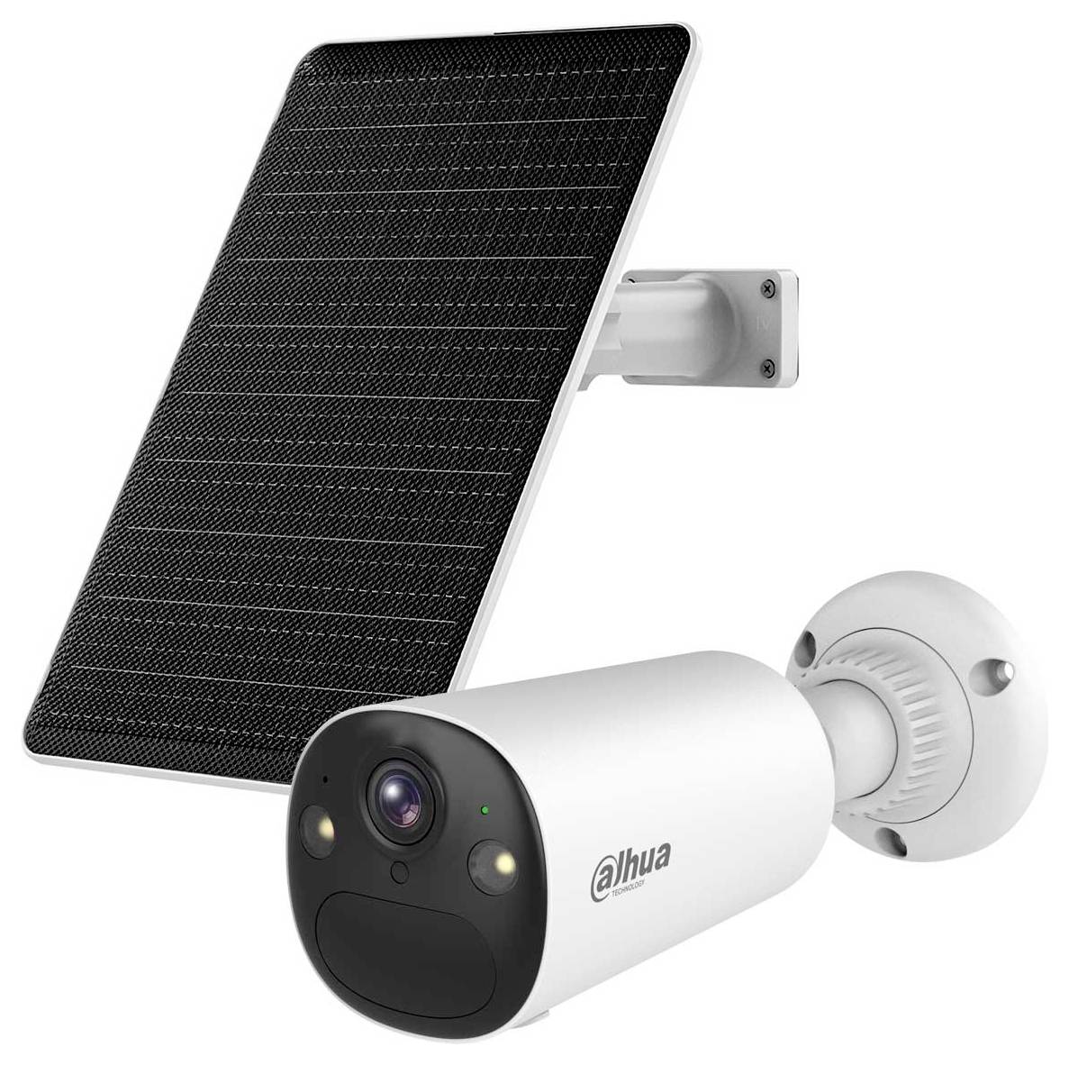 Solar-powered security camera with a white cylindrical body and mounted solar panel, suitable for outdoor surveillance.