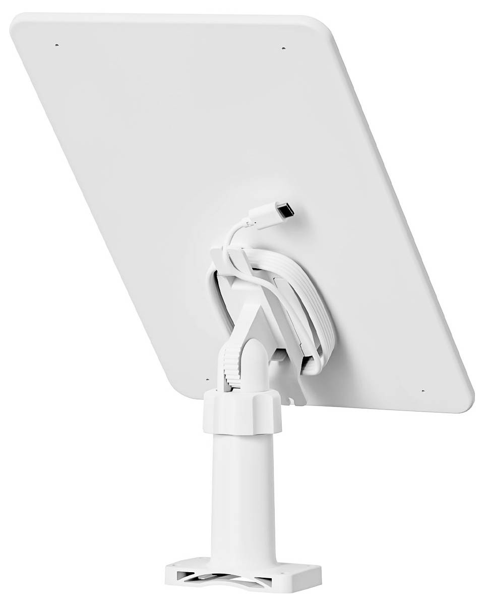 A white satellite dish with an integrated stand and attached cable, displayed from the back, against a plain background.