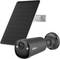 A floodlight security camera with a solar panel attached, designed for outdoor use, providing surveillance and sustainable energy efficiency.