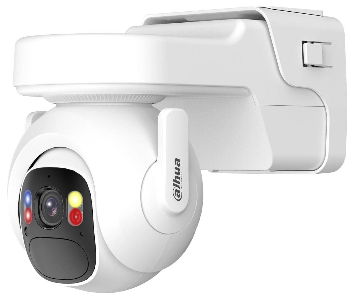 A white security camera with multiple colored lights and a mounting bracket, labeled with the brand 'Dahua,' designed for external monitoring.