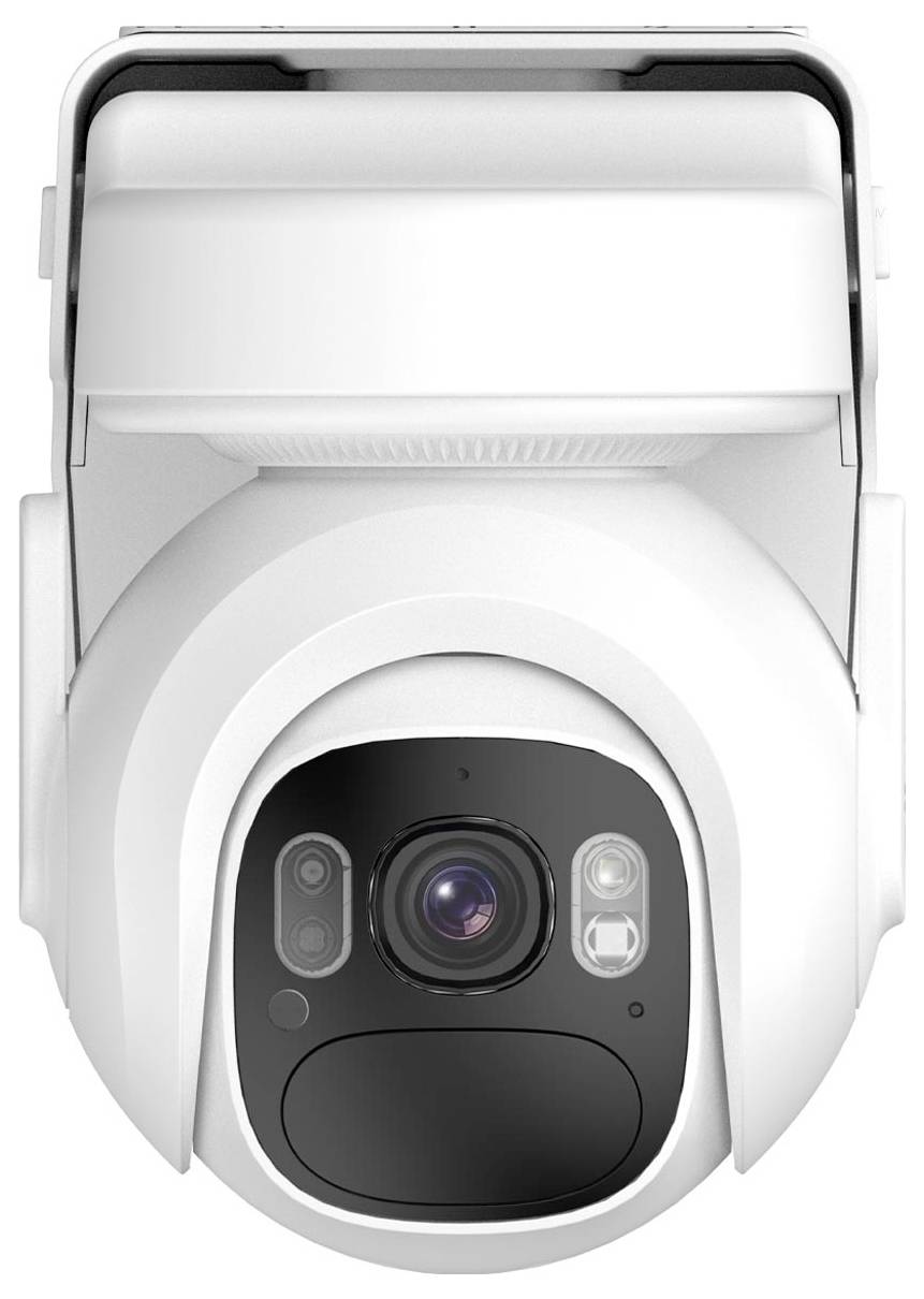 A white security camera with a black lens and sensor area, viewed from the front, mounted on a white bracket.