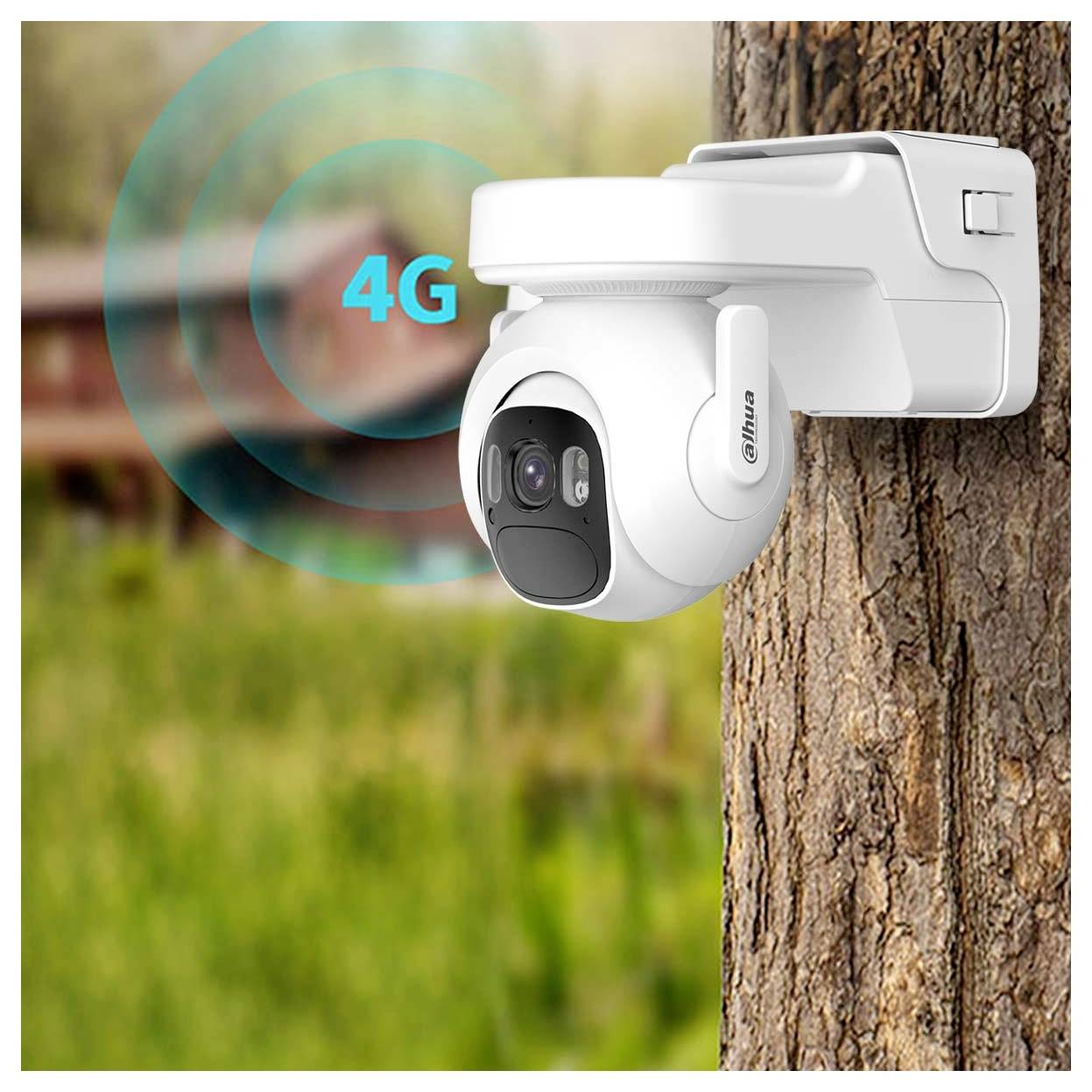 A surveillance camera mounted on a tree features a 4G connectivity logo, suggesting remote access capability. A blurred wooden cabin in the background.