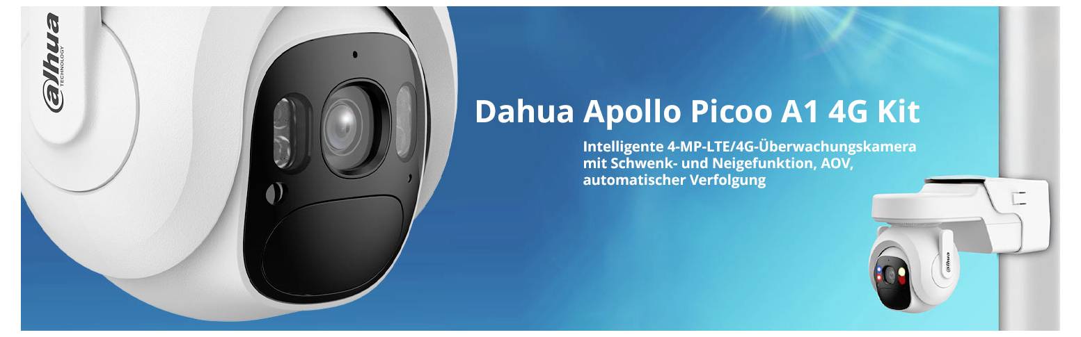 Dahua Apollo Picoo A1 4G Kit advertisement featuring a close-up of a security camera with text about its smart surveillance features.