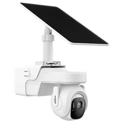 'A solar-powered security camera with a black solar panel and white adjustable mount, designed for outdoor surveillance.'