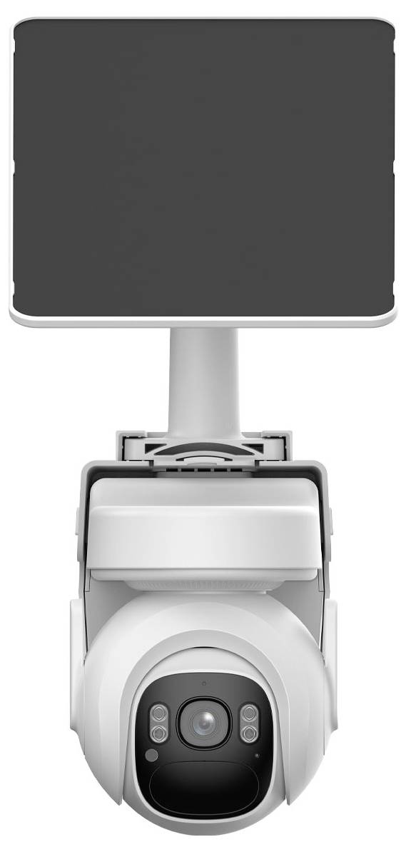 Security camera with solar panel attached, designed for outdoor use.
