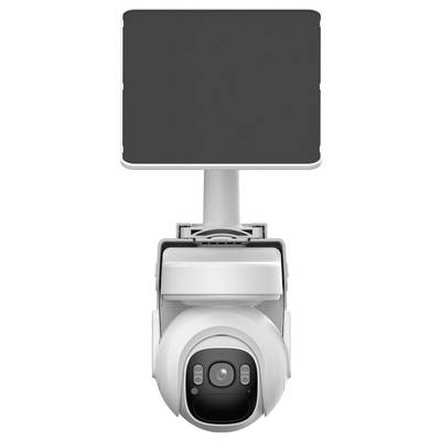 Security camera with solar panel attached, designed for outdoor use.