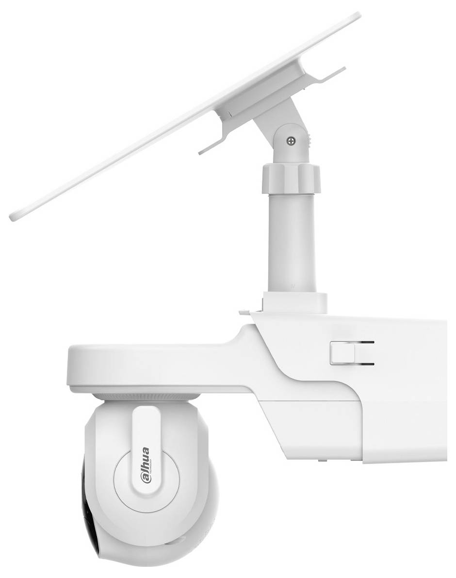 A solar-powered, white security camera with a dome lens, mounted on a bracket, designed for outdoor surveillance.