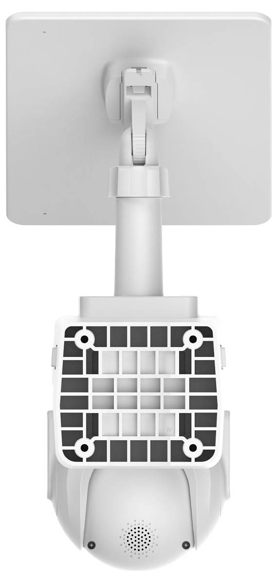 A ceiling-mounted dome security camera with a square mounting bracket and visible speaker grille on the camera housing.