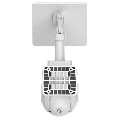 A ceiling-mounted dome security camera with a square mounting bracket and visible speaker grille on the camera housing.