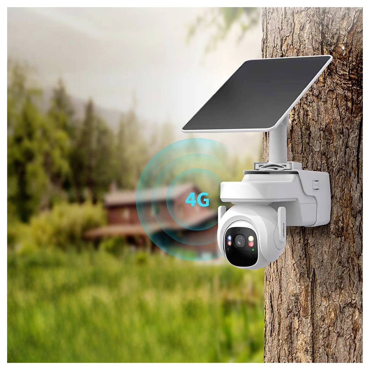 A solar-powered security camera mounted on a tree in a forested area, with a visible '4G' connectivity icon, indicating wireless setup.