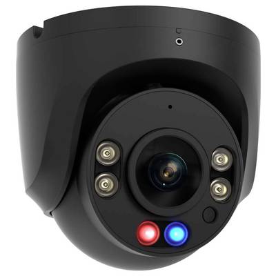 A black security camera with visible infrared LEDs and red-blue indicator lights. It is designed for surveillance purposes.