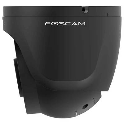 A black Foscam security camera with a dome shape. The camera's lens and branding are visible on the front.