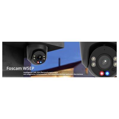 Security camera labeled 'Foscam W5EP' with features like 5MP resolution, built-in spotlight, red/blue warning lights, and alarm siren.