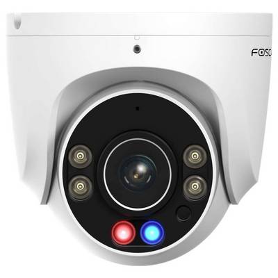 A white security camera with multiple lenses and LED lights, designed for surveillance.