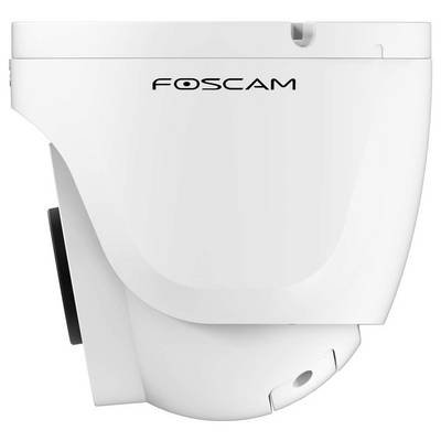A white Foscam security camera with a dome shape, featuring a branded logo on the side, designed for monitoring and surveillance.