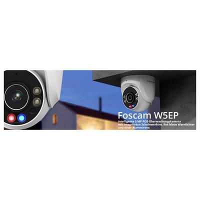 A security camera on a building exterior labeled 'Foscam W5EP', featuring integrated floodlights, red-blue warning lights, and an alarm siren.