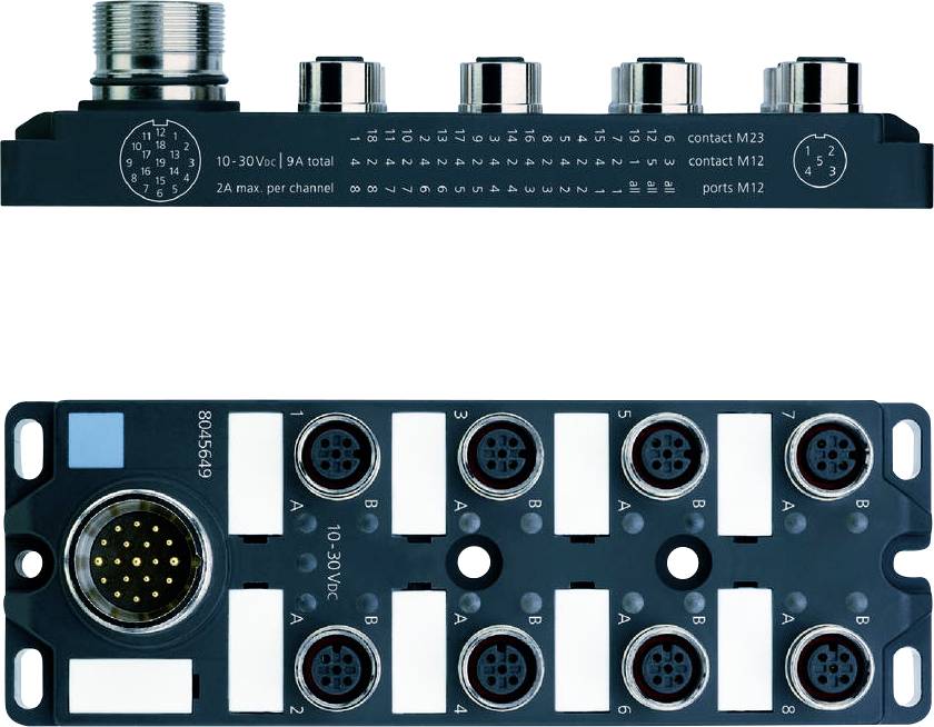 'Multi-port industrial connector module with a circular M23 contact on the side and several M12 ports on top, labeled with voltage ratings.'